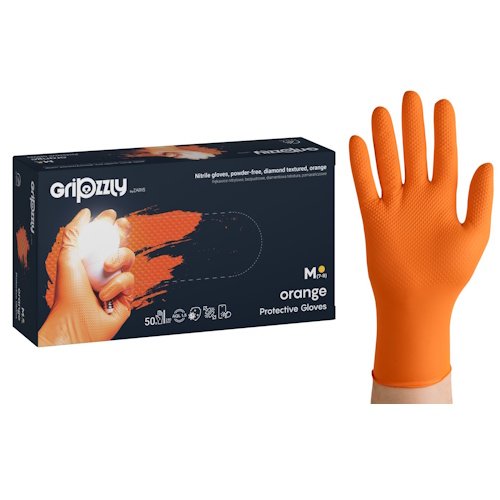grizzm5.jpg Zarys Gripzzly nitrila vienreizējās lietošanas cimdi, īpaši izturīgi, 8,5 g, oranži, S/M/L/XL/XXL (50 gab.) - Image 1